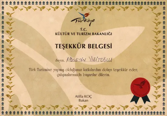 Kültür ve Turizm Bakanlığı Teşekkür Belgesi